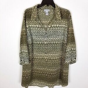 Catherines Women Plus Blouse Button Up Shirt Size 1X Brown Printed Long Sleeve